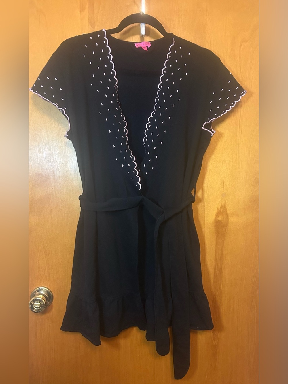 Betsey Johnson Black with Pink Embroidered Hearts Wrap Dress size L